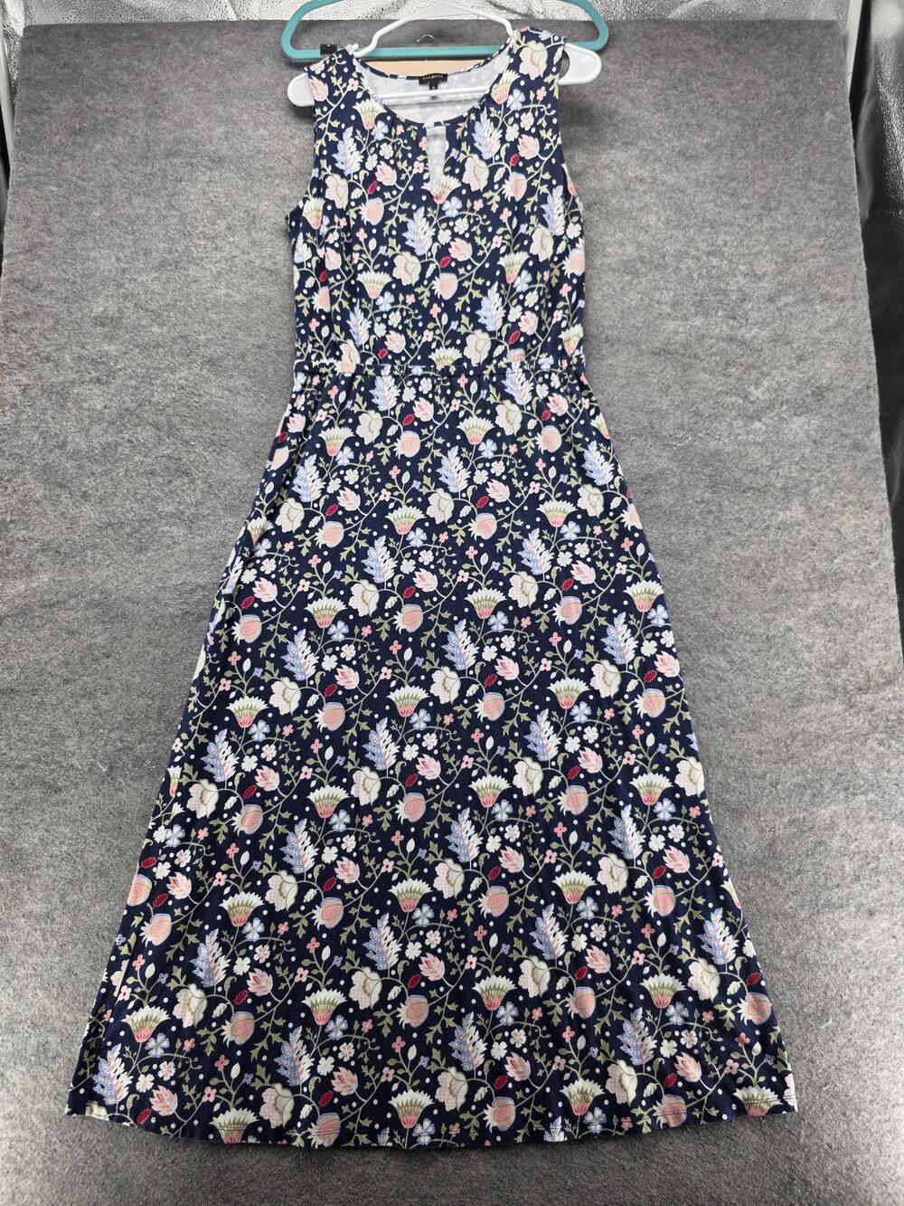 Talbots Dress Womens M Blue Fit & Flare Sundress Floral Round Neck Long